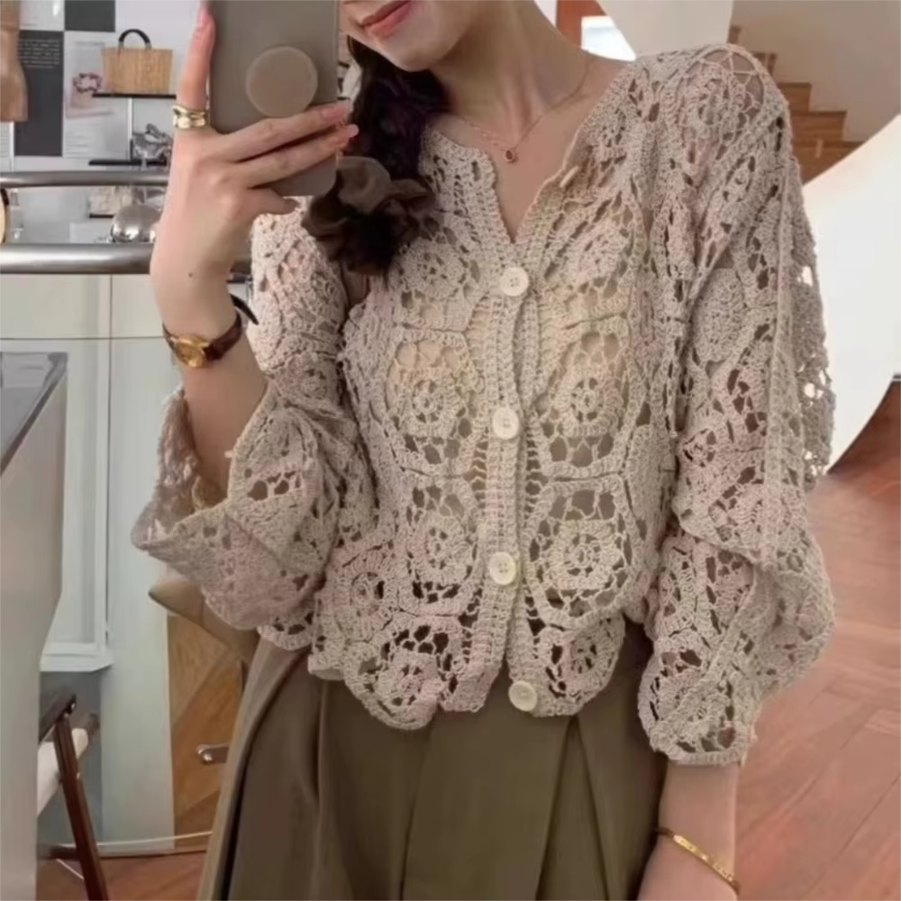 Cardigan en maille ajourée style bohème à manches 3/4 pour femme