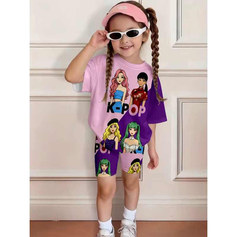 Ensemble décontracté 2 pièces imprimé K-Pop pour filles, T-shirt et short, idéal pour les fans de K-Pop, cadeau d'anniversaire, ensemble confortable et décontracté