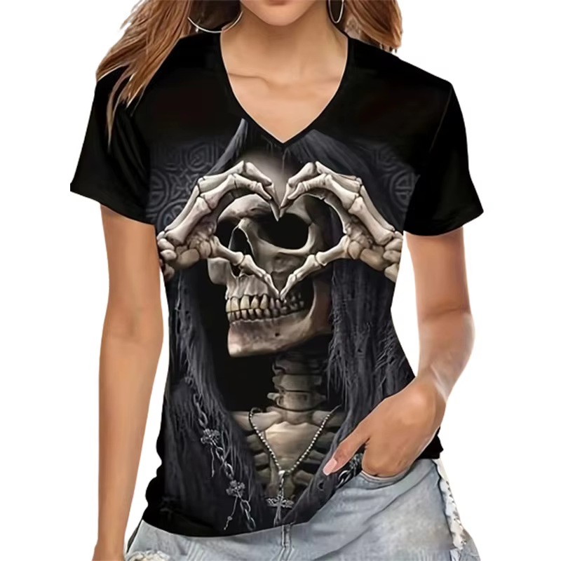 Chic crâne noir T-shirt femmes col en V à manches courtes été décontracté imprimé