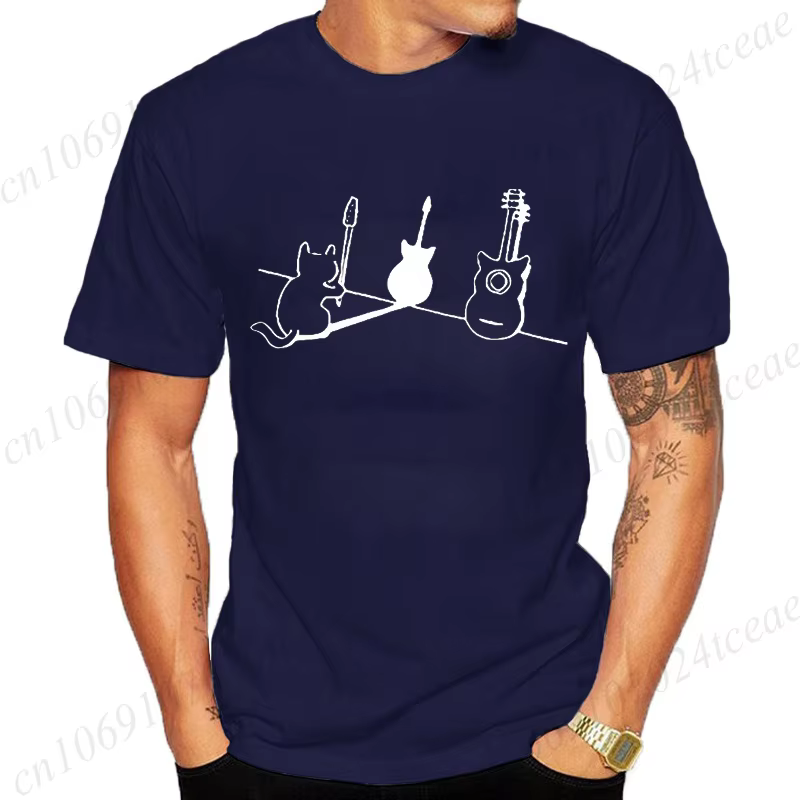 T-shirt pour femmes hommes chat et guitare Design drôle hauts doux unisexe col rond T-shirts vêtements