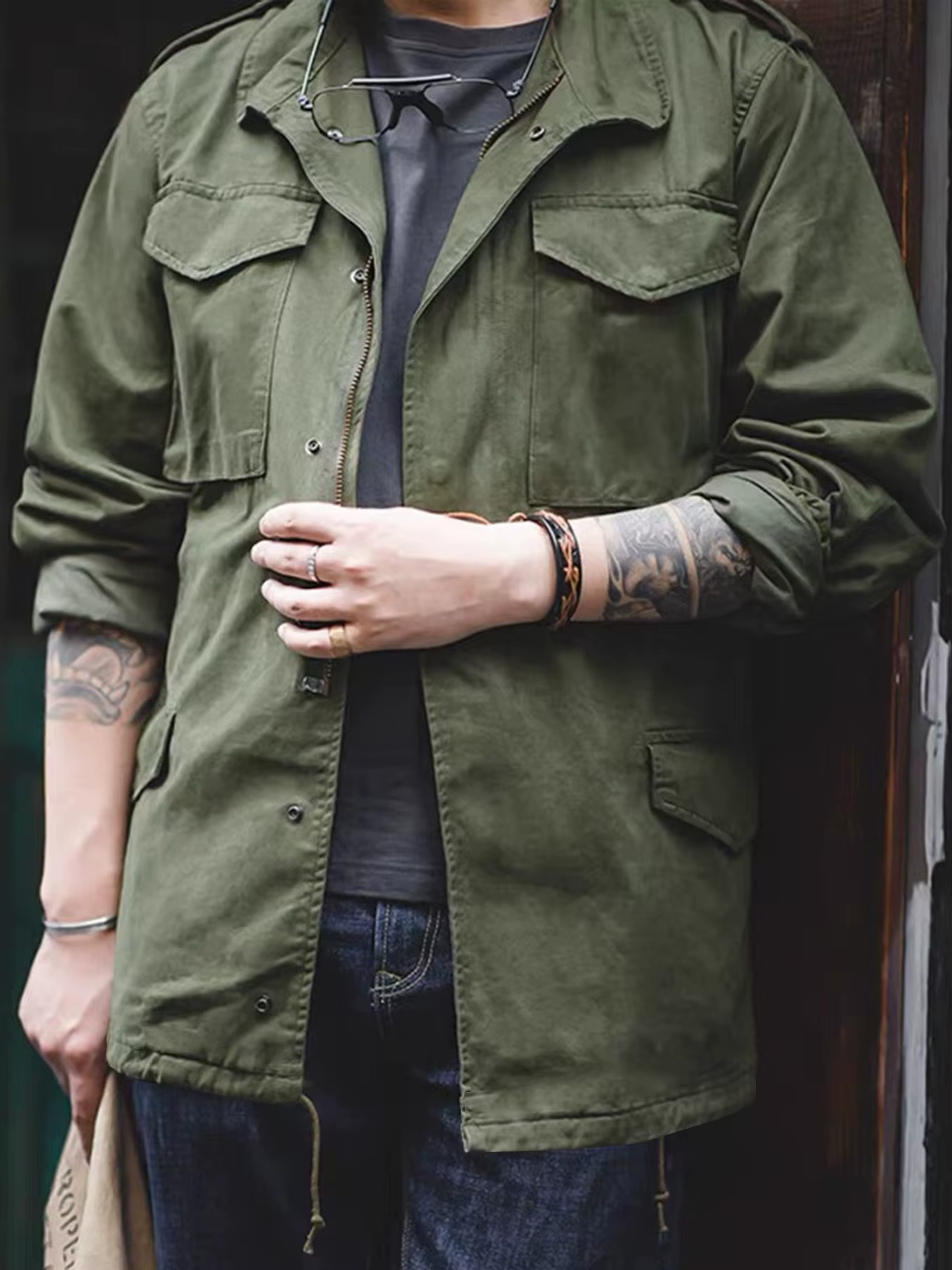 Veste de terrain M65, veste militaire pour hommes, veste rétro à col multi-poches avec fermeture éclair, 100% coton