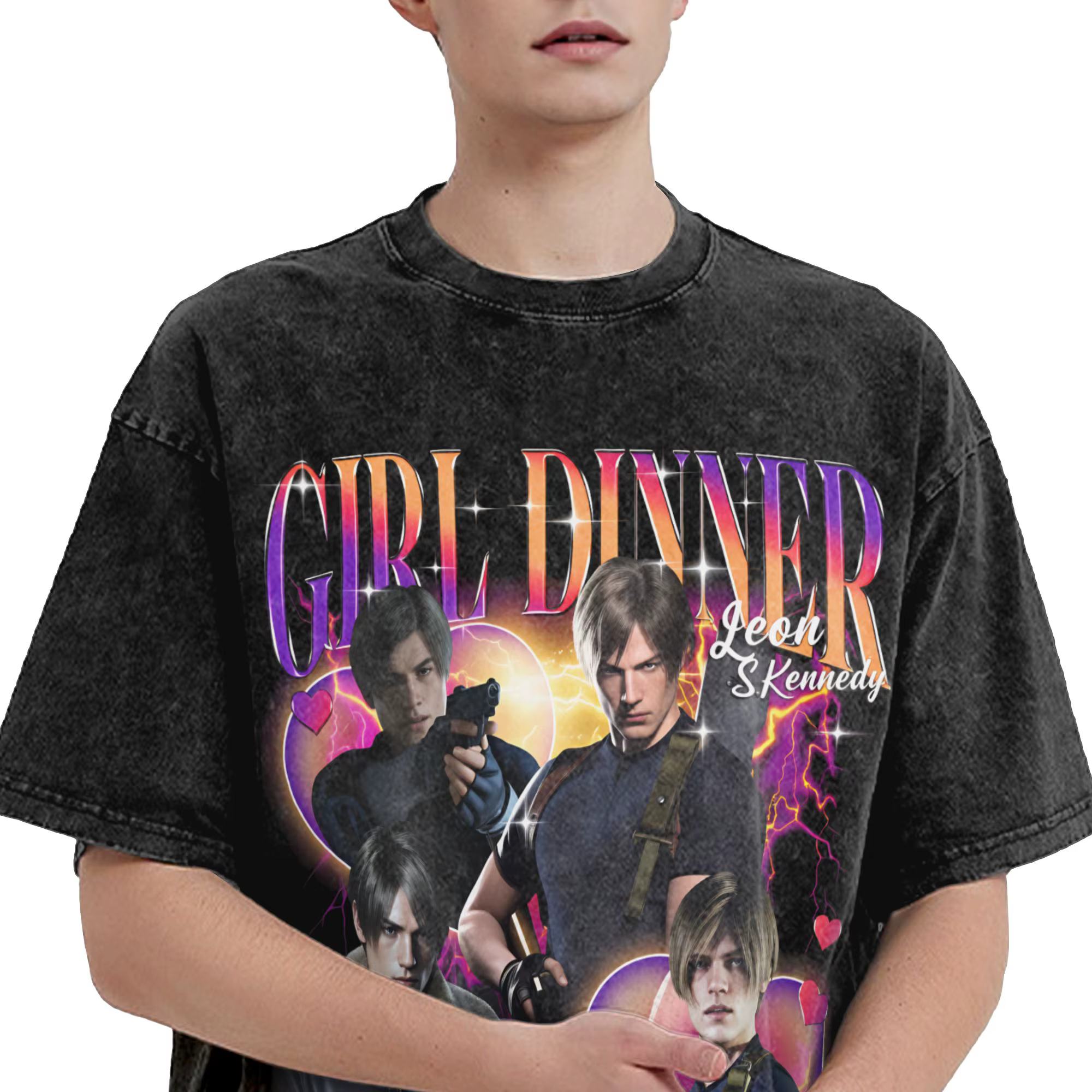T-shirt délavé Leon Kennedy pour homme – T-shirts décontractés Y2K amusants, col rond, populaires, amples, grandes tailles, pour l'été