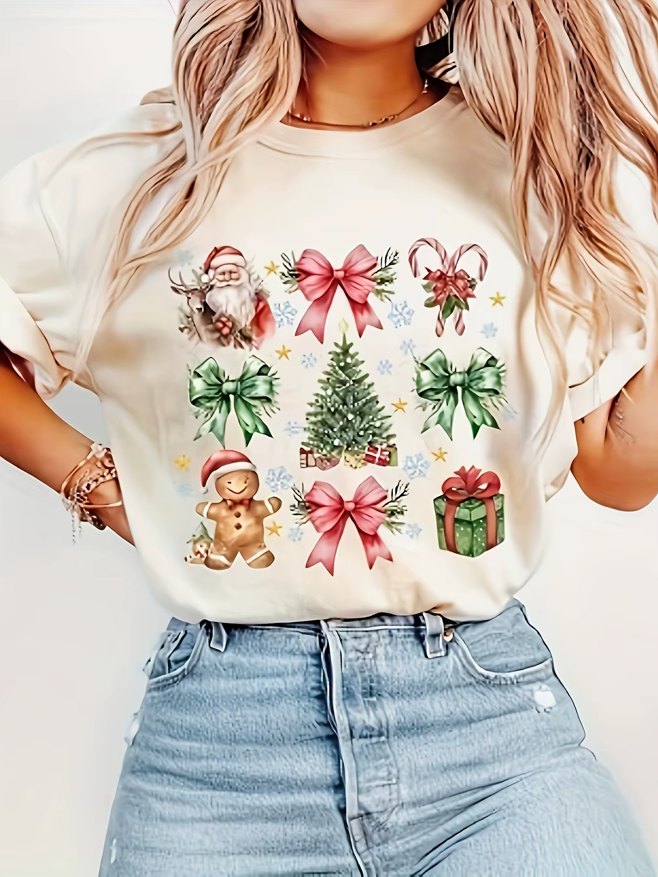 T-shirt à col rond imprimé joyeux Noël pour femmes