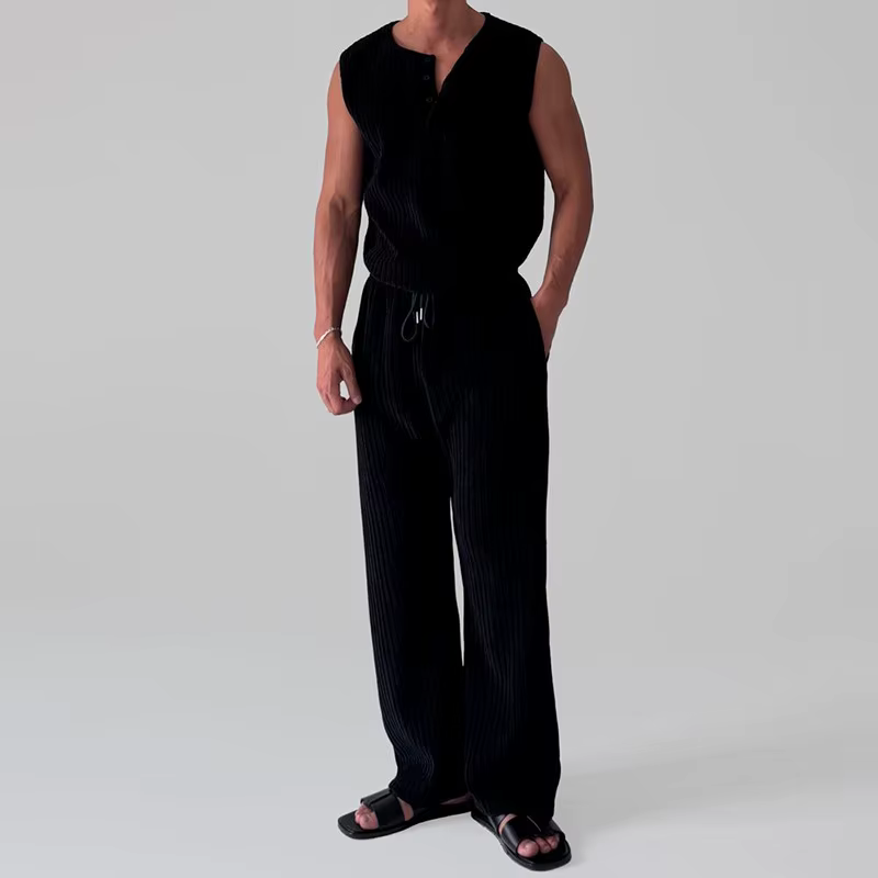 Nouvel ensemble décontracté pour homme 2026 : Gilet sans manches à col Henley et pantalon rayé pour le printemps et l'été