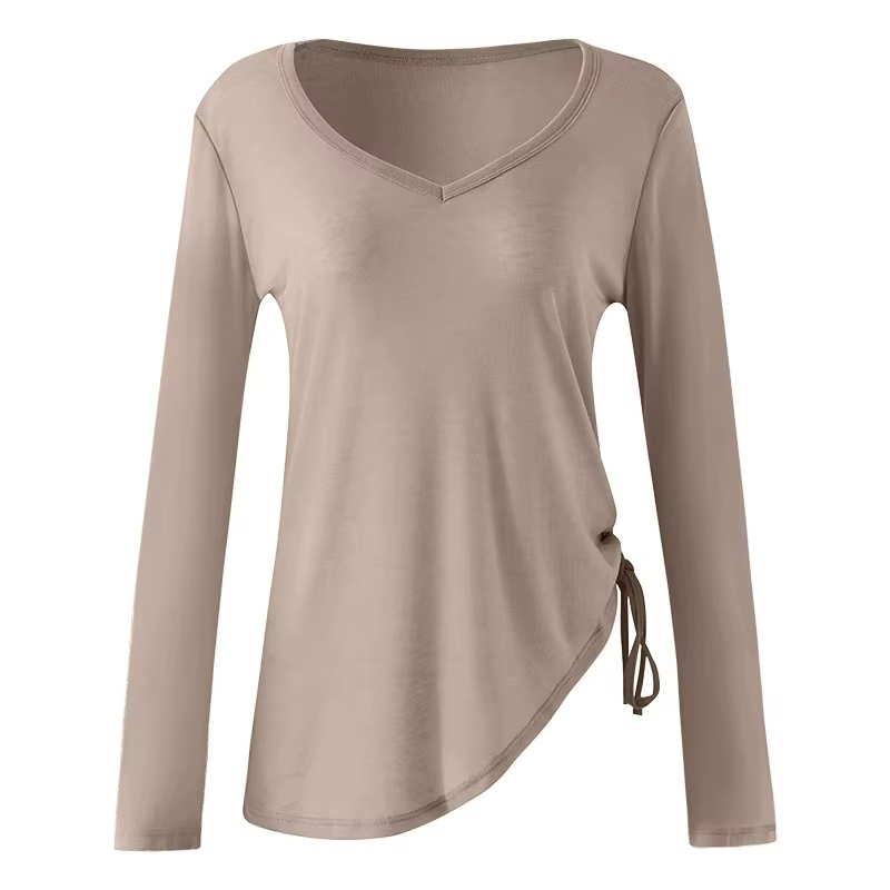 T-shirt de sport de yoga pour femmes, chemise de sport légère et fine avec cordon de serrage, ample, couvrant les hanches, fitness irrégulier, couverture à manches longues