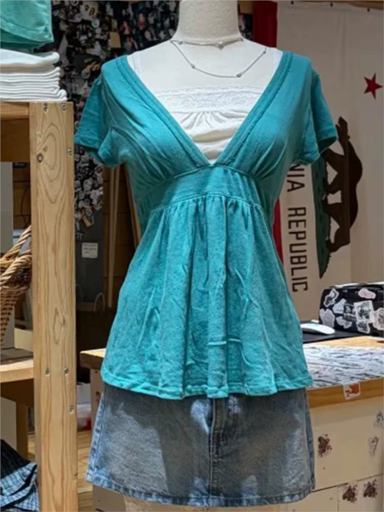 T-shirts décontractés en coton à col en V profond turquoise pour femmes