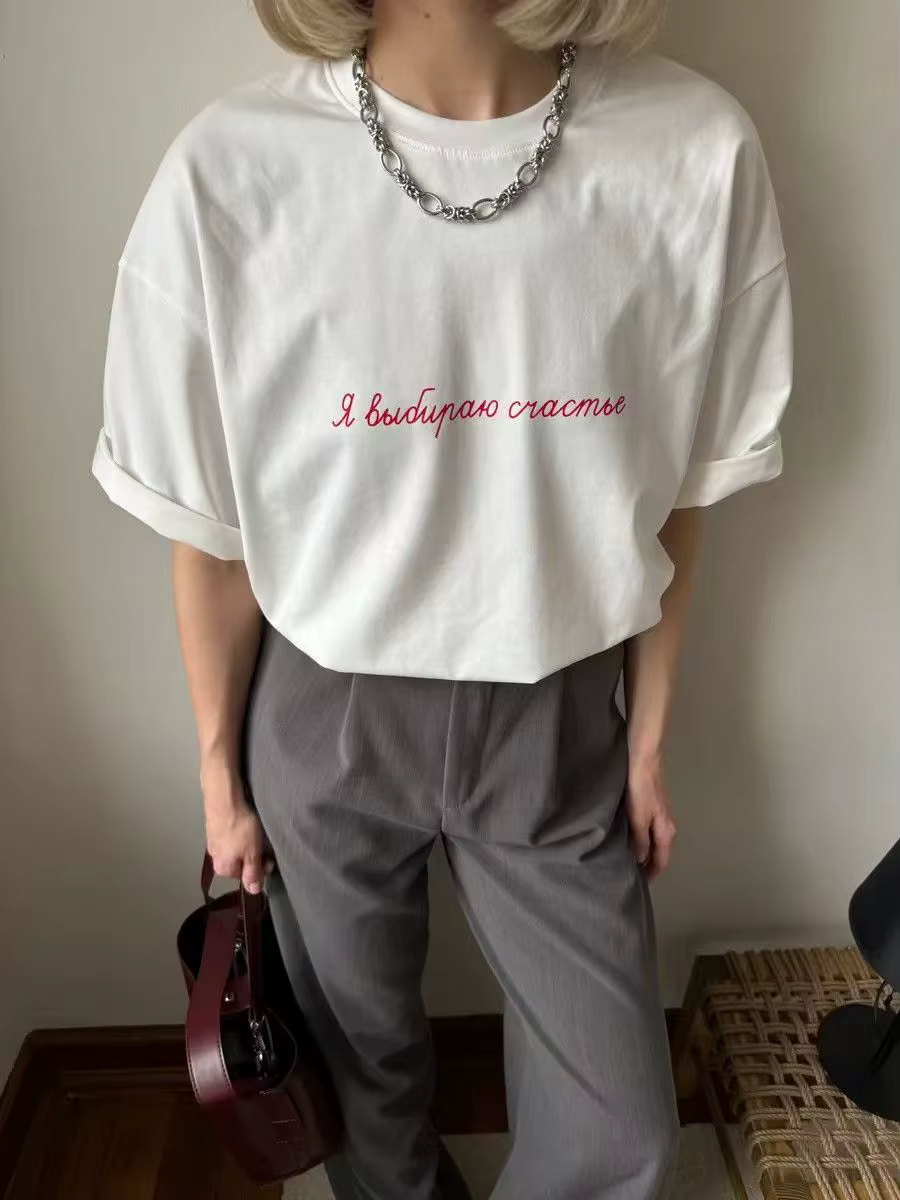 Simple lettre imprimer blanc graphique t-shirts femmes 100% coton à manches courtes col rond décontracté t-shirts mode américaine t-shirt été