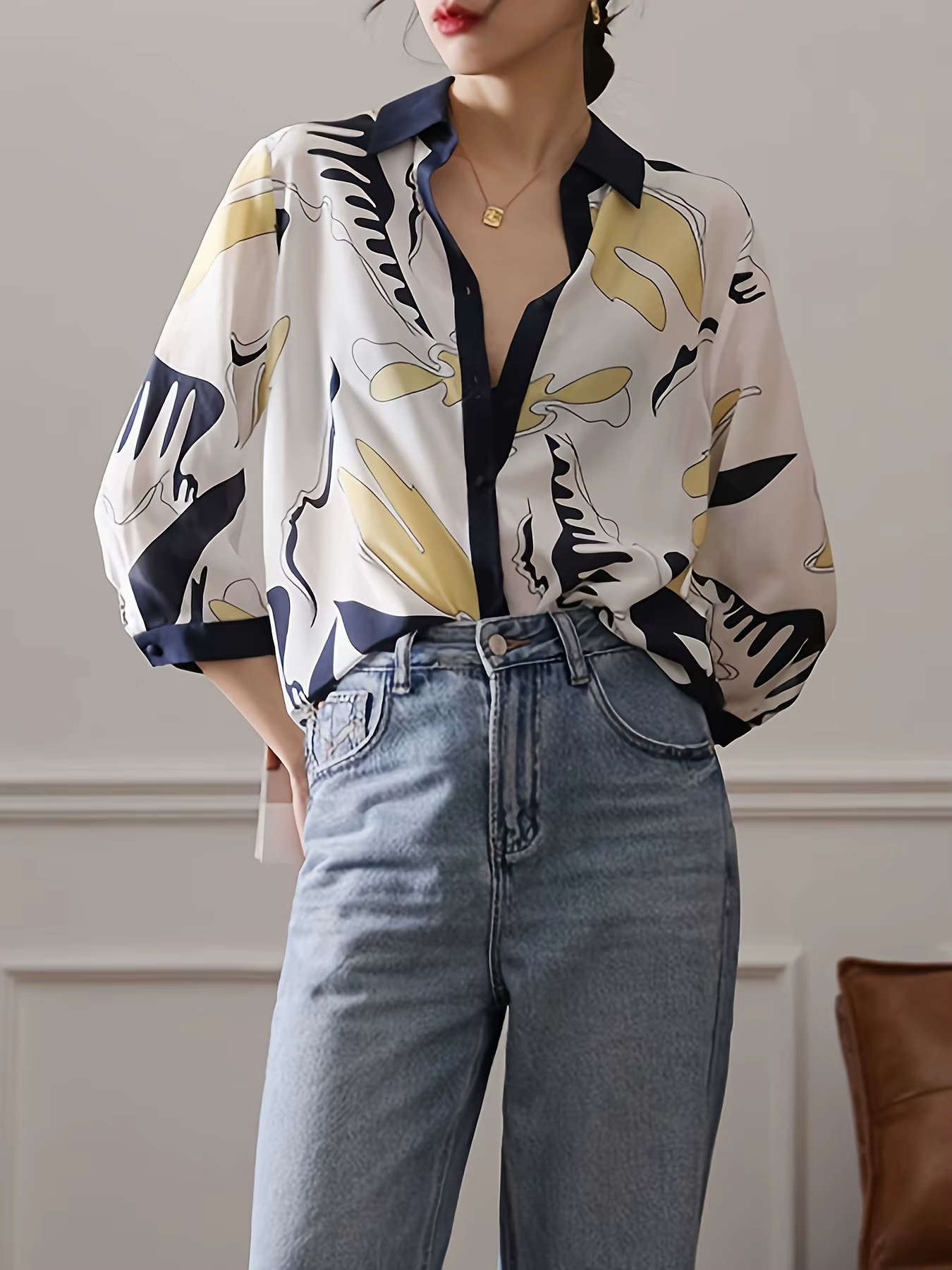 Mode luxe dames chemise France style femme impression blouse printemps été demi manches hauts blusa mujer