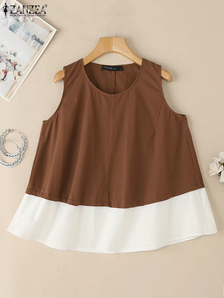 2025 femmes été débardeurs ZANZEA coton Camis Vintage col rond sans manches vacances Blouse rétro chemise ample t-shirts occasionnels surdimensionné