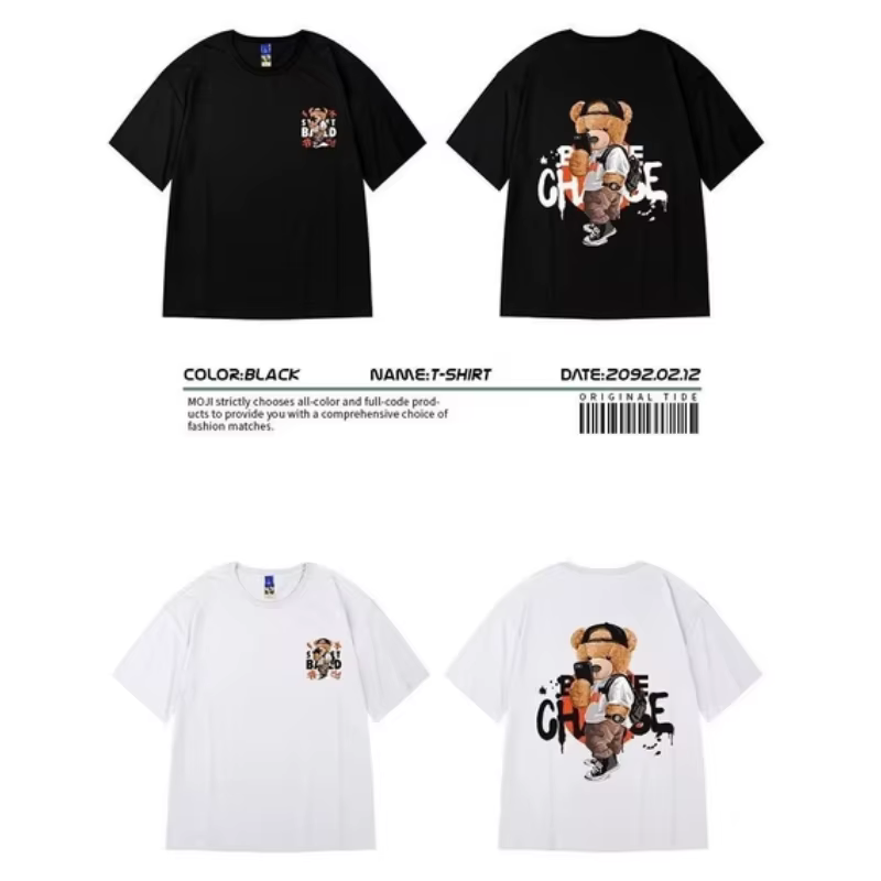 8XL hommes T-shirt style décontracté adolescent étudiant T-shirt américain Vintage mignon Selfie ours en peluche imprimé T-shirt ample grande taille grand haut