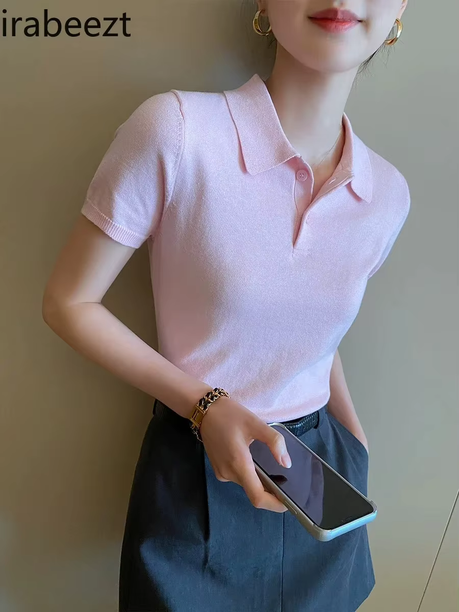 Polo rose tricoté T-shirt haut pour femme chemises à manches courtes 2025 nouvelle chemise printemps été pour femmes vêtements