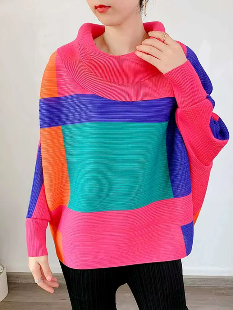 LANMREM 2025 mode nouveau T-shirt plissé pour les femmes Laple manches longues hauts amples bloc de couleur femme vêtements printemps 2YA771