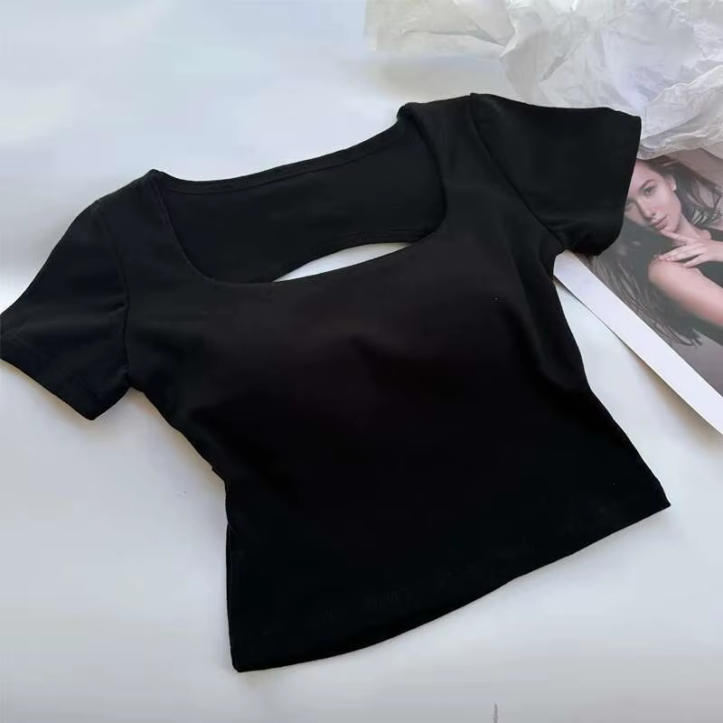 T-shirt femme vêtements encolure carrée hauts à manches courtes haut court avec soutiens-gorge pour femmes filles Sexy