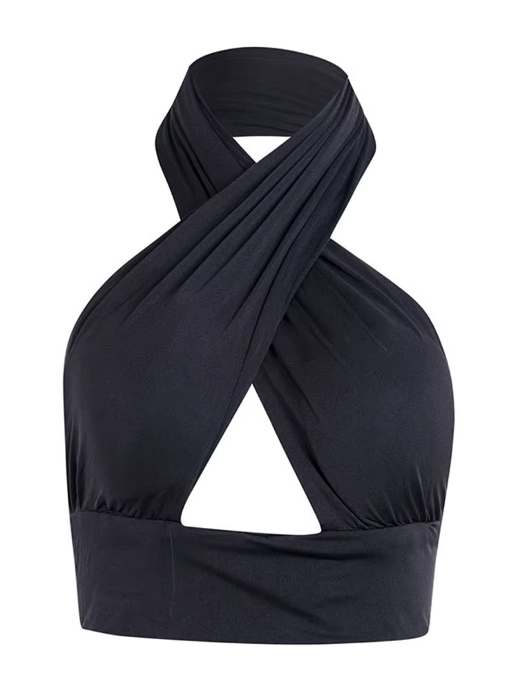 Femmes Strappy Cross Over Front Cut Out Halter Neck fibrBackless Crop Top Bandage glaSummer Sexy Y-Woman Vêtements S-XL