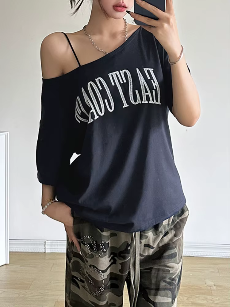 Lettres imprimer t-shirts pour femmes Streetwear encolure dégagée t-shirt à manches courtes Camisetas Grunge vêtements Ropa Mujer Y2k accessoires