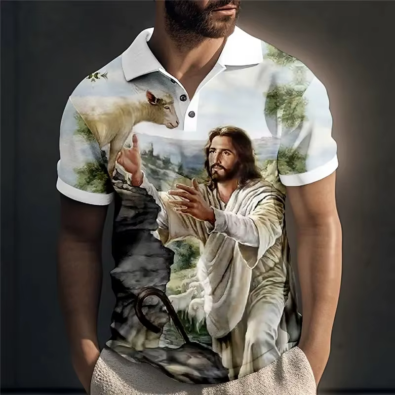 Polo à manches courtes avec impression 3D du Christ Jésus pour homme