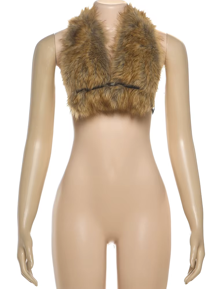 Cutenew mince fourrure licou débardeur femmes Sexy dos nu léopard Simple sauvage gothique Punk Hottie rue minuit Clubwear gilet