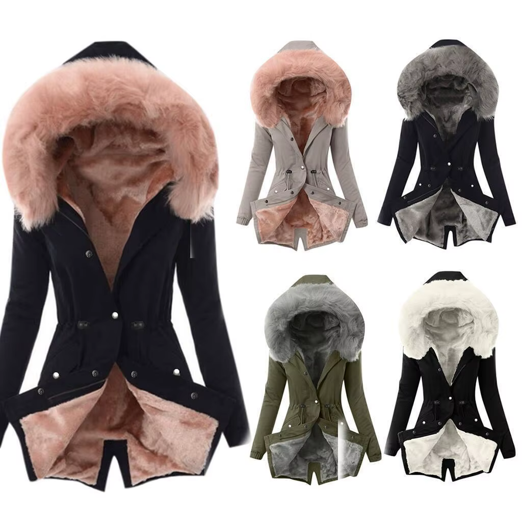 Parka à capuche pour femmes, manches longues, manteaux ajustés, boutons, solide, fermeture éclair, épissure, serré, vêtements d'extérieur, col en fourrure épais et chaud