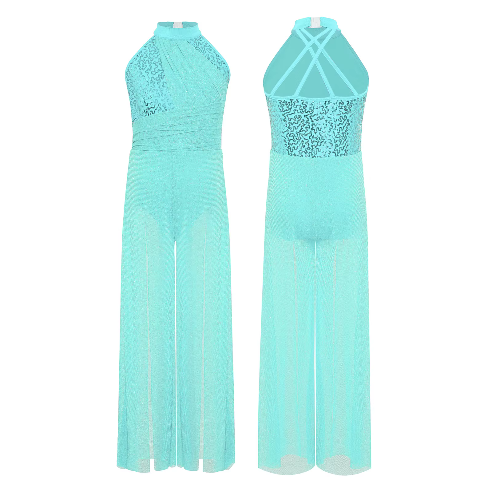 Combinaison de danse lyrique sans manches pour filles, Costume de Performance moderne, corsage à paillettes, maille scintillante, combinaison à jambes larges fendues