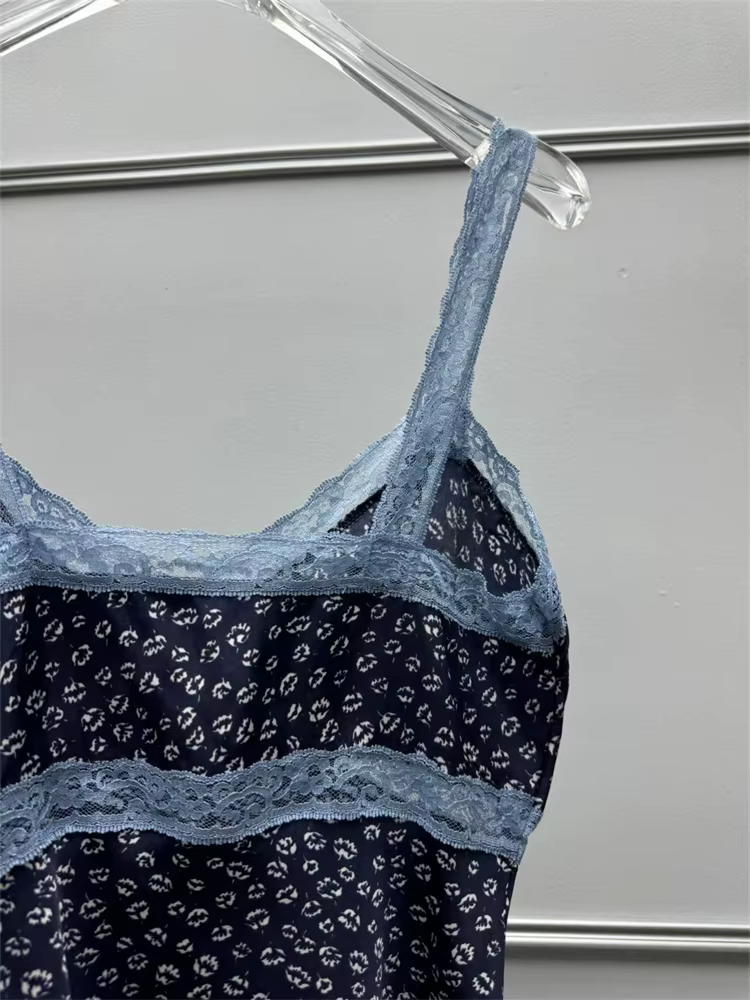 Français 2025 nouvelles femmes Viscose débardeur bleu dentelle couture col en v Sexy dames sangle mince gilet haut