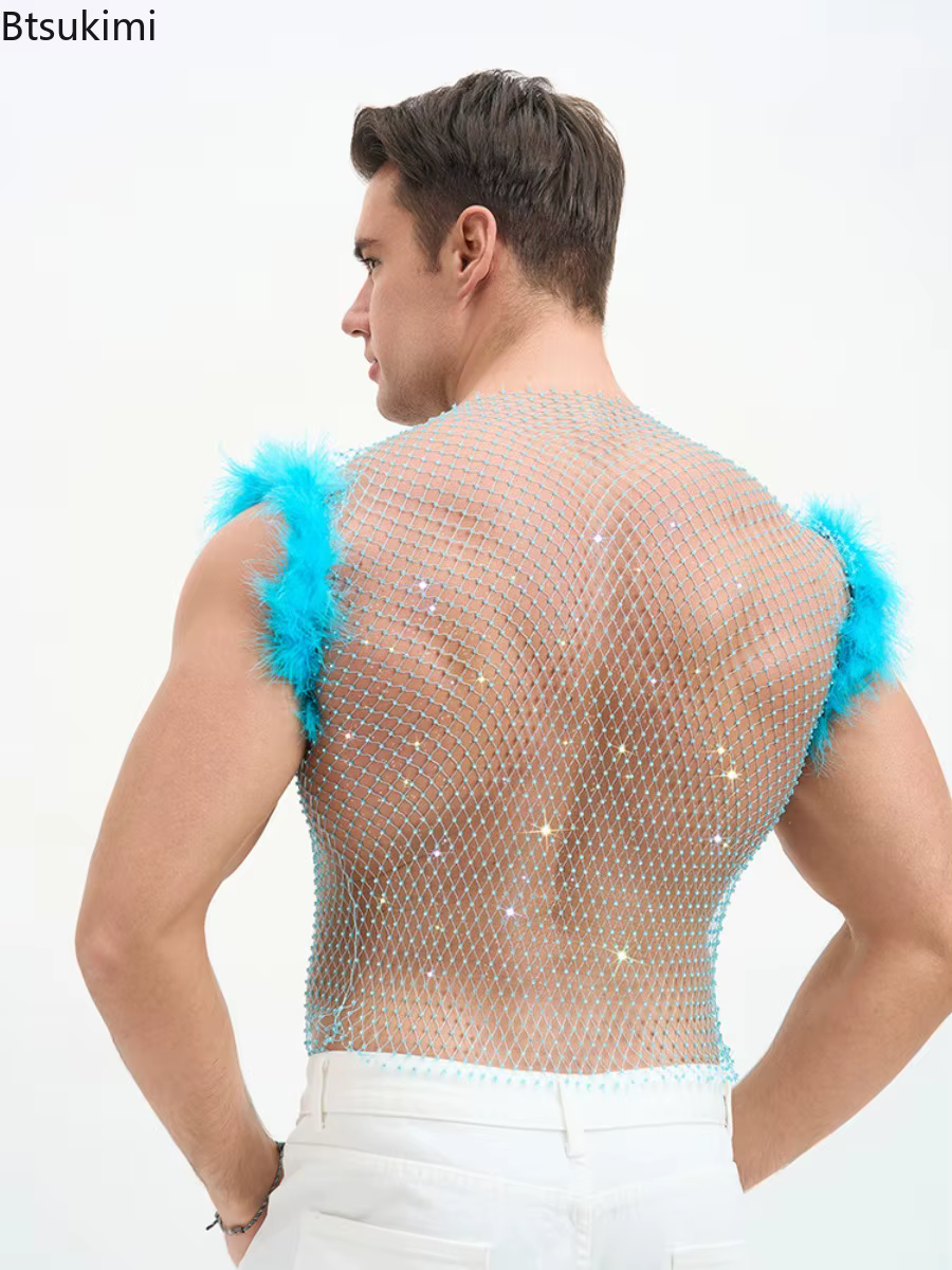 Nouveauté 2026 Débardeurs courts sexy pour hommes en résille à strass