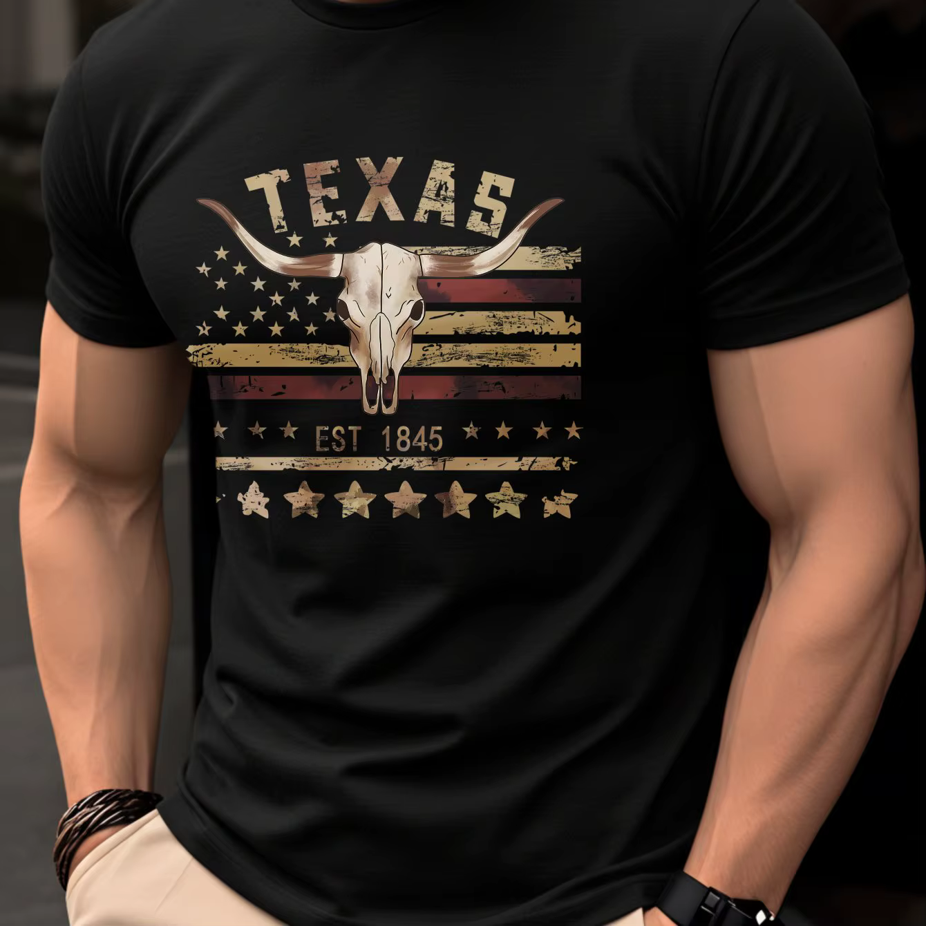 T-shirt pour homme Texas EST 1845 avec crâne de Longhorn