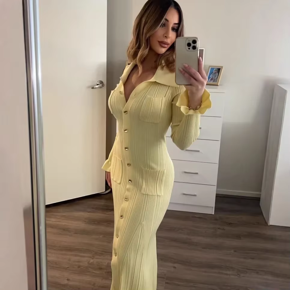 Robe tricotée taille haute, col Polo, manches longues, bouton unique, couleur Pure, nouvelle mode pour femmes, manches longues, longueur cheville Len