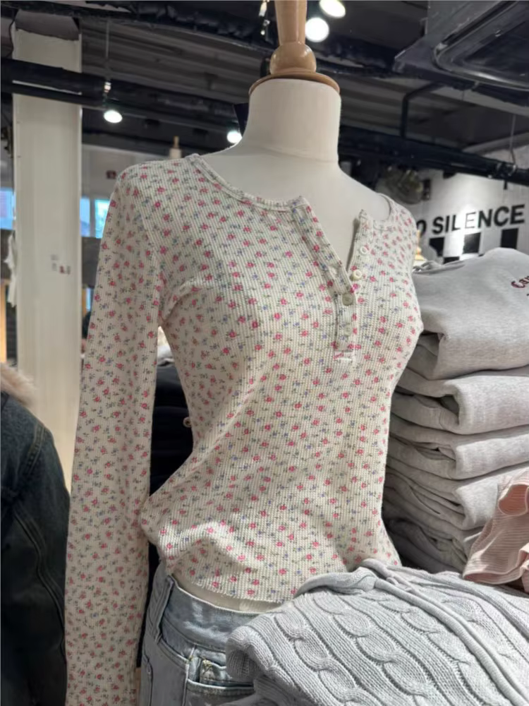 T-Shirt à manches longues gaufré à fleurs roses pour femmes