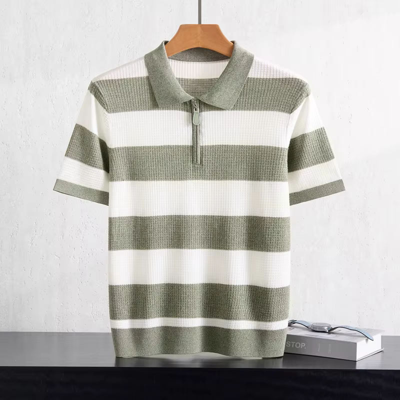 T-shirt pour homme à col polo rayé en tricot à manches courtes 100% Lyocell respirant et confortable pour le travail et les loisirs