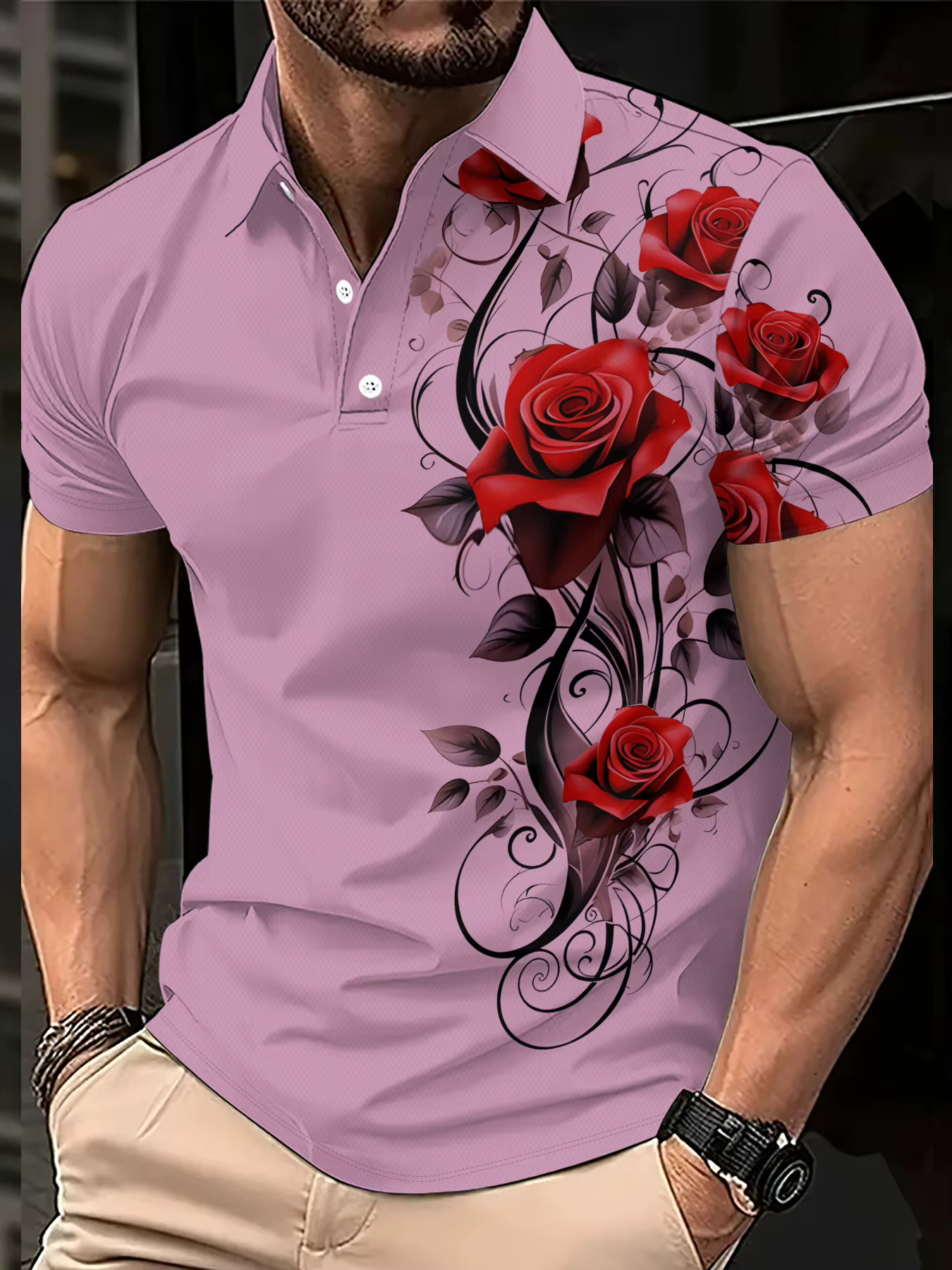 Polo homme été 2026 avec imprimé floral rose