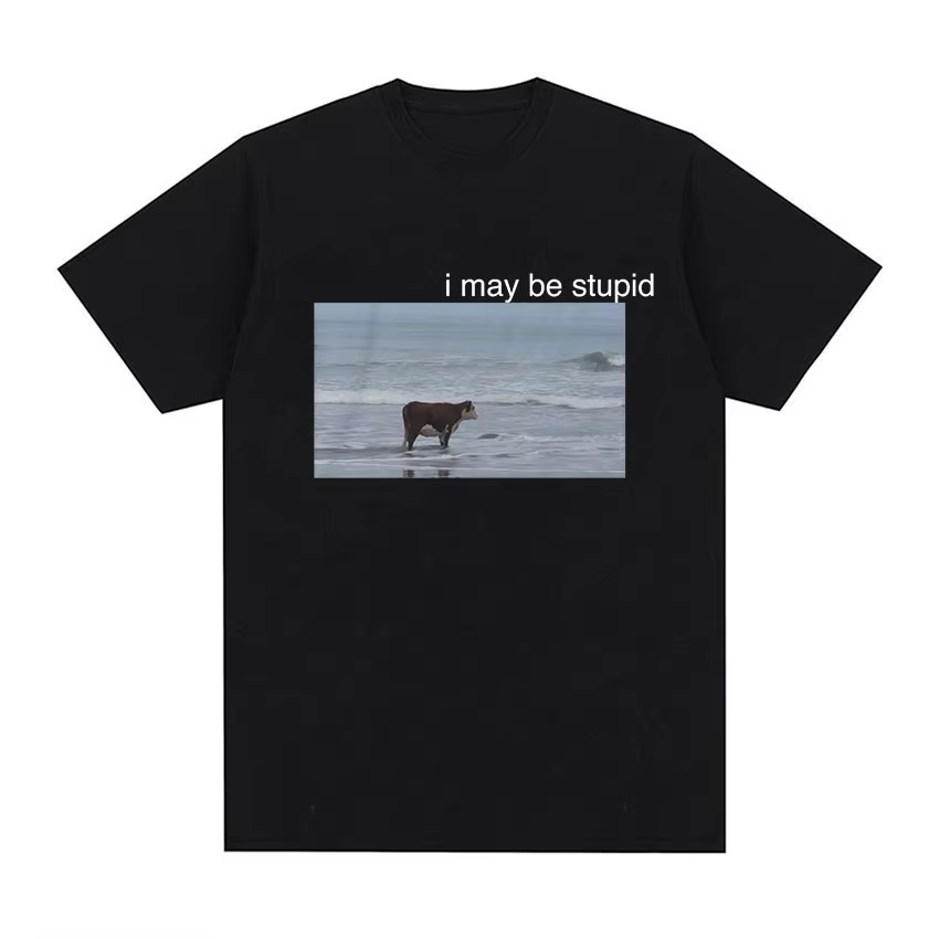 I May Be Stupid Cow on Beach Funny Meme T-shirt pour hommes