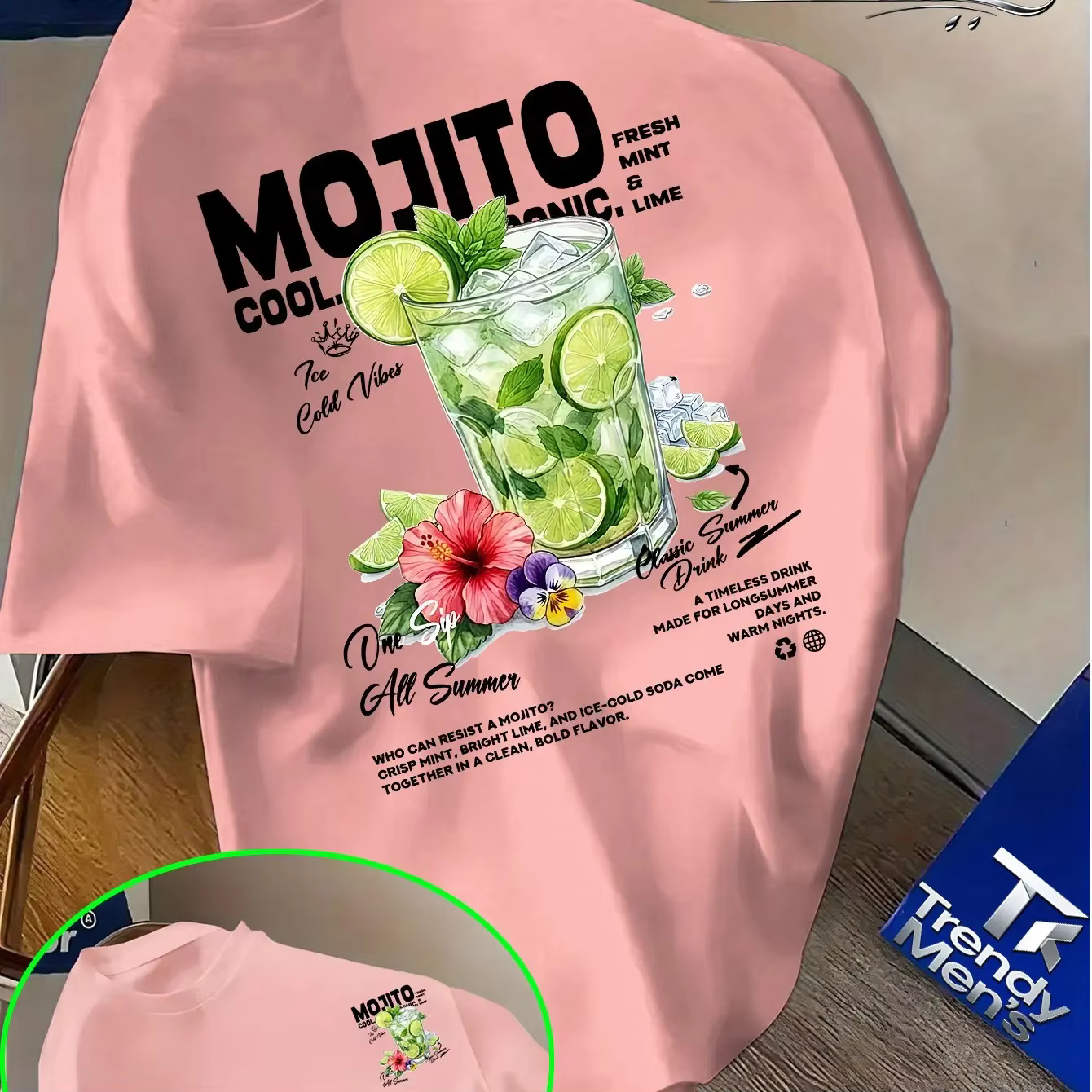 T-shirt pour homme en coton 100% avec imprimé de fleurs de citron vert Mojito