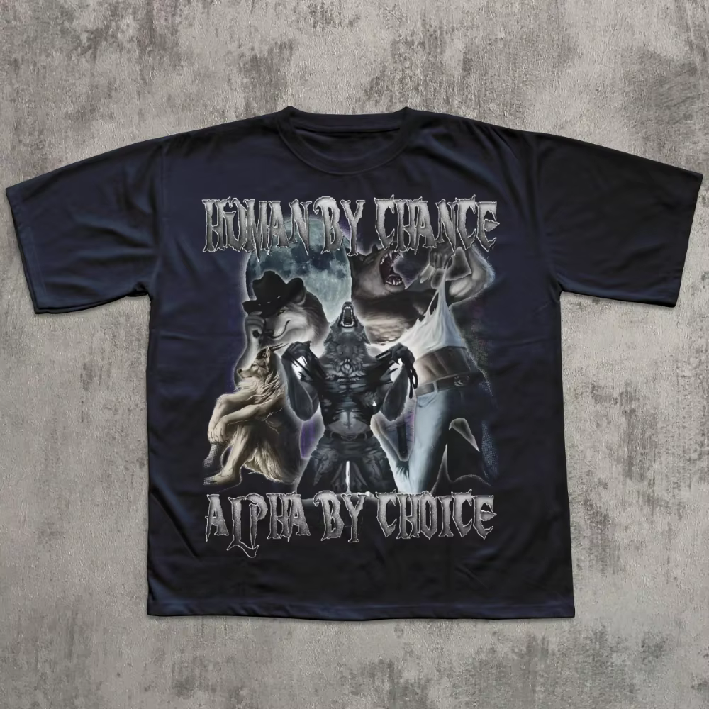 T-shirt drôle et ironique « Human By Chance Alpha By Choice » avec loup déchirant