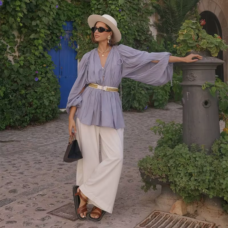 Haut pour femme à manches lanternes, col en V, avec lien, manches longues, cardigan plissé à cordon de serrage, coupe ample, style minimaliste uni