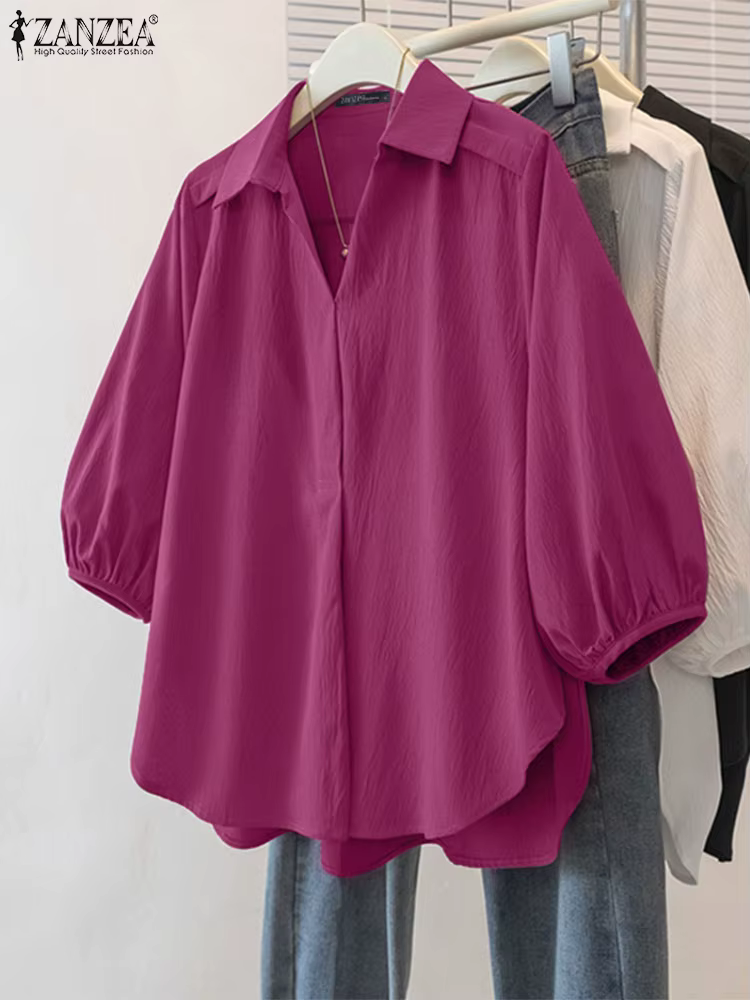 ZANZEA femmes chemisier asymétrique 3/4 lanterne manches couleur unie hauts mode col rabattu tunique décontractée été pull Blusa