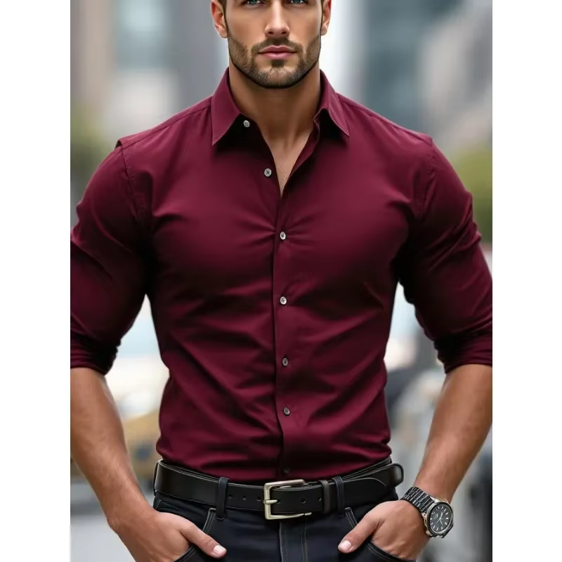 2025 chemise pour hommes flambant neuf couleur unie à manches longues intelligent décontracté quatre saisons élastique