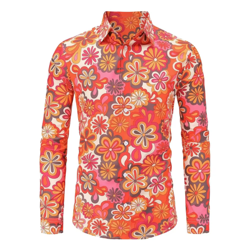 Chemises à manches longues pour hommes Hippie années 70 Disco Hip Hop bouton fleur rétro chemise
