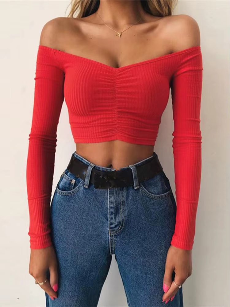 T-shirt à manches longues et épaules dénudées pour femmes