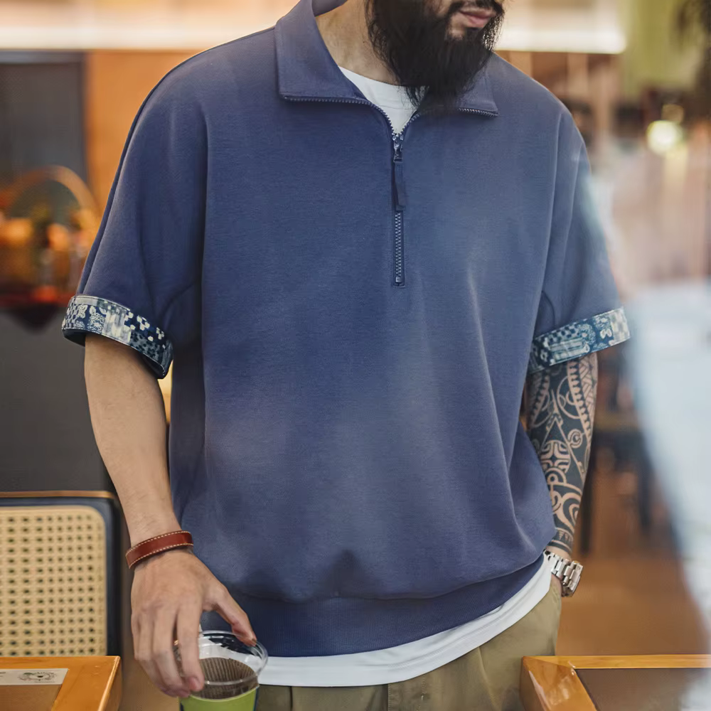 Maden Vintage Boro Style demi-zip manches courtes Polo hommes été Indigo teint imprimé col ample T-Shirt décontracté gris hauts