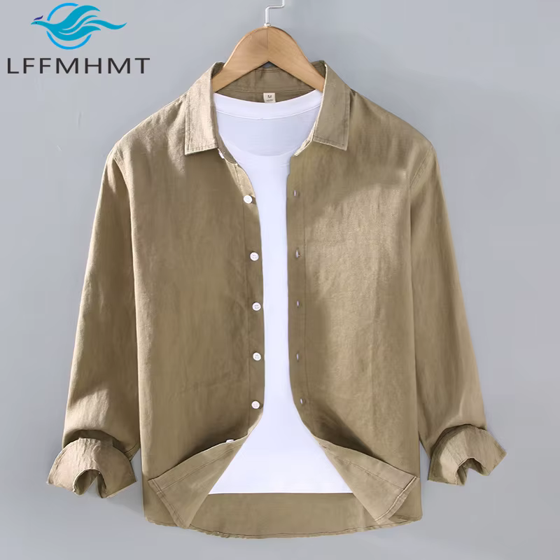 100% lin chemise à manches longues pour hommes printemps automne mode bonne qualité couleur unie mince respirant sain revers Blouse hauts mâle