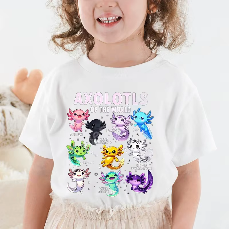Dessin animé coloré Axolotls graphique impression 3D T-Shirt été décontracté confortable filles vêtements 2-10Y