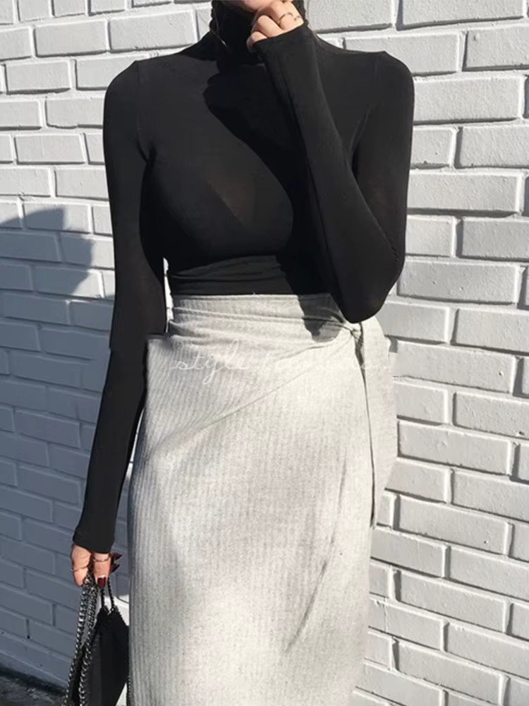 T-shirt col roulé moulant de haute qualité pour femme