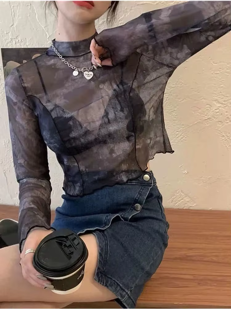 T-shirt à manches longues imprimé tie-dye pour femmes
