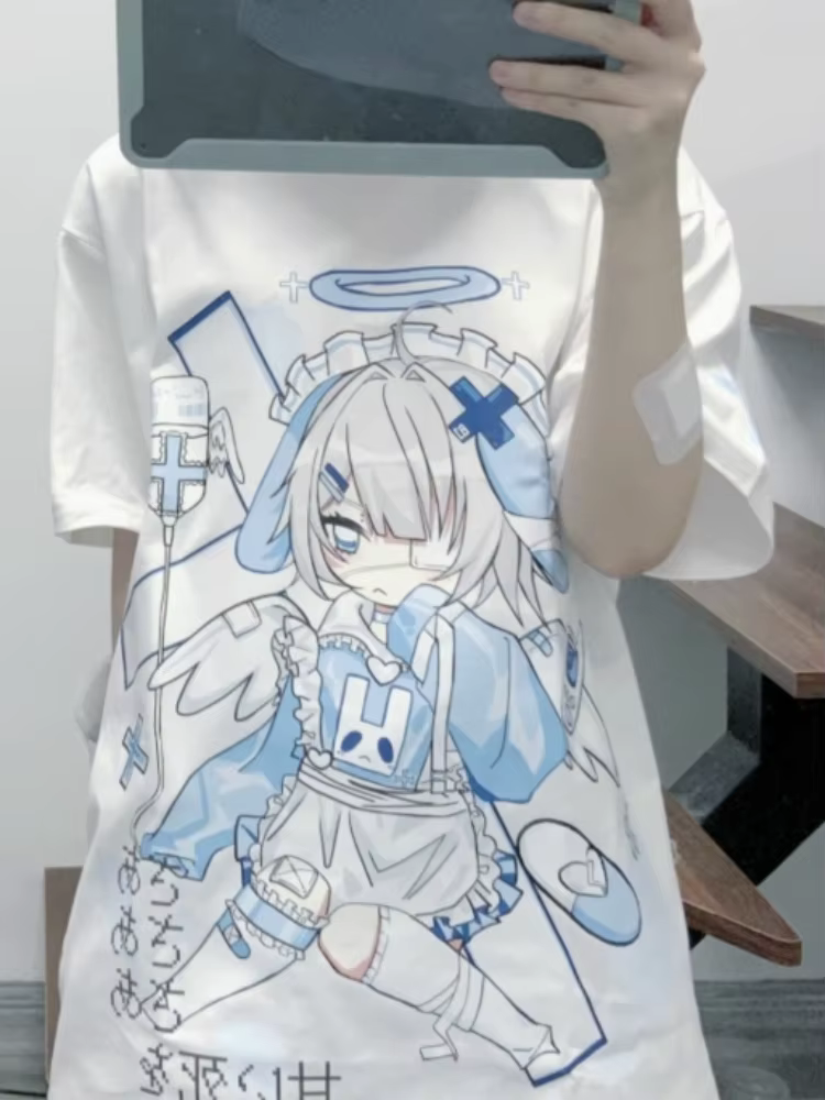 T-shirt imprimé dessin animé japonais Harajuku pour femmes