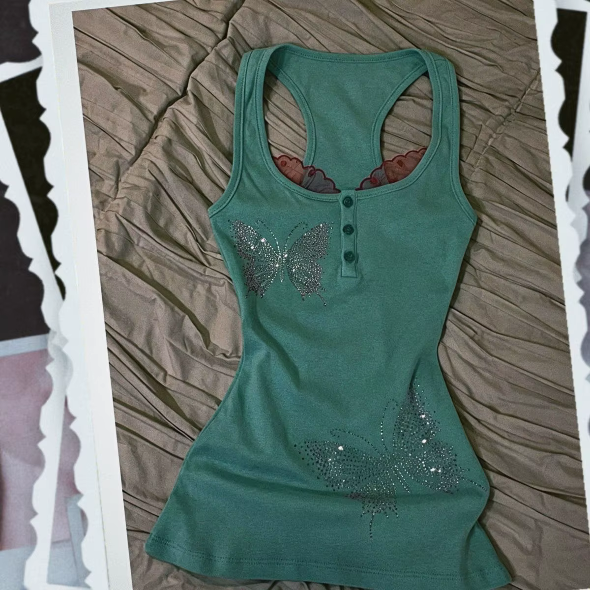 Débardeur Cami Rétro Y2K Vert Menthe avec Strass Papillon Style Vintage Américain