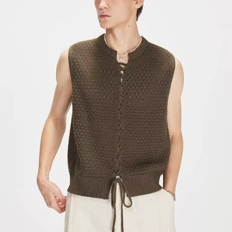 Gilet pull sans manches en tricot couleur unie avec col à lacets ajouré
