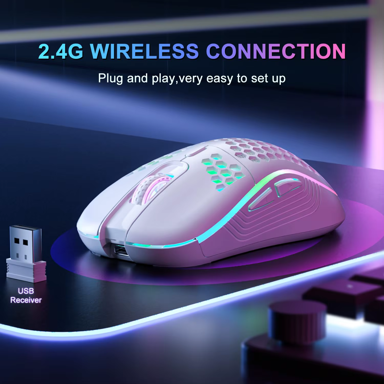 Souris sans fil 2.4G avec rétroéclairage rvb, 6 boutons, 3 vitesses, DPI, Type C, Rechargeable, ergonomique, conception en nid d'abeille, pour jeu