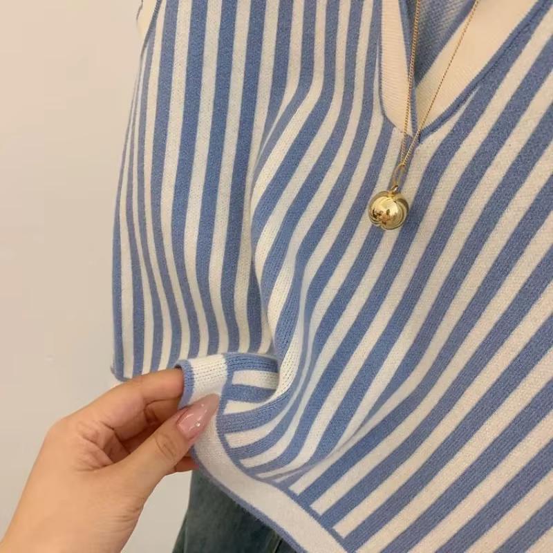 Haut sans manches à col jeune rayé bleu pour femmes