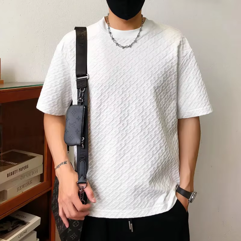 T-shirt d'été pour homme en jacquard texturé à manches courtes, col rond, ample, respirant, basique et décontracté