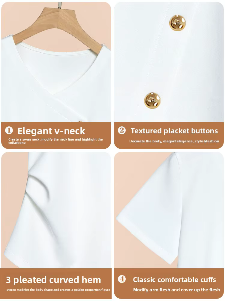 T-Shirt blanc à la taille pour femmes, Style français, col en V, manches courtes, chemisier à la mode, été 2025